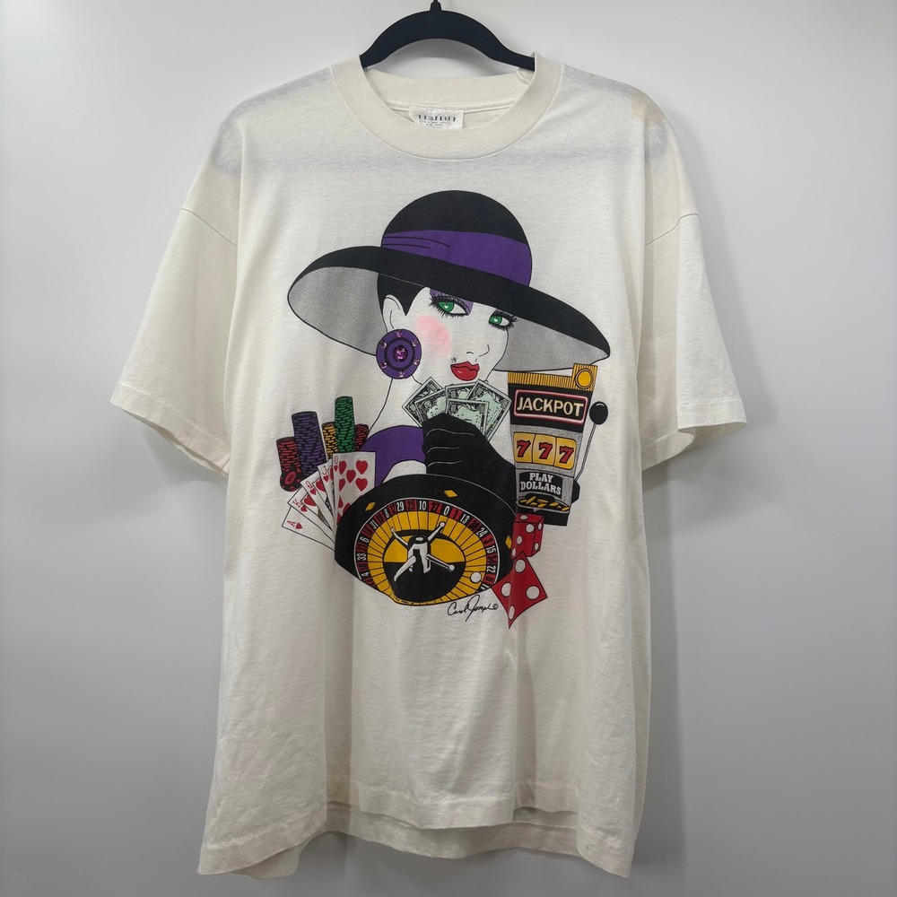 Art Attack Mens Size Large Casino Graphic Shirt White Single Stitch 80s